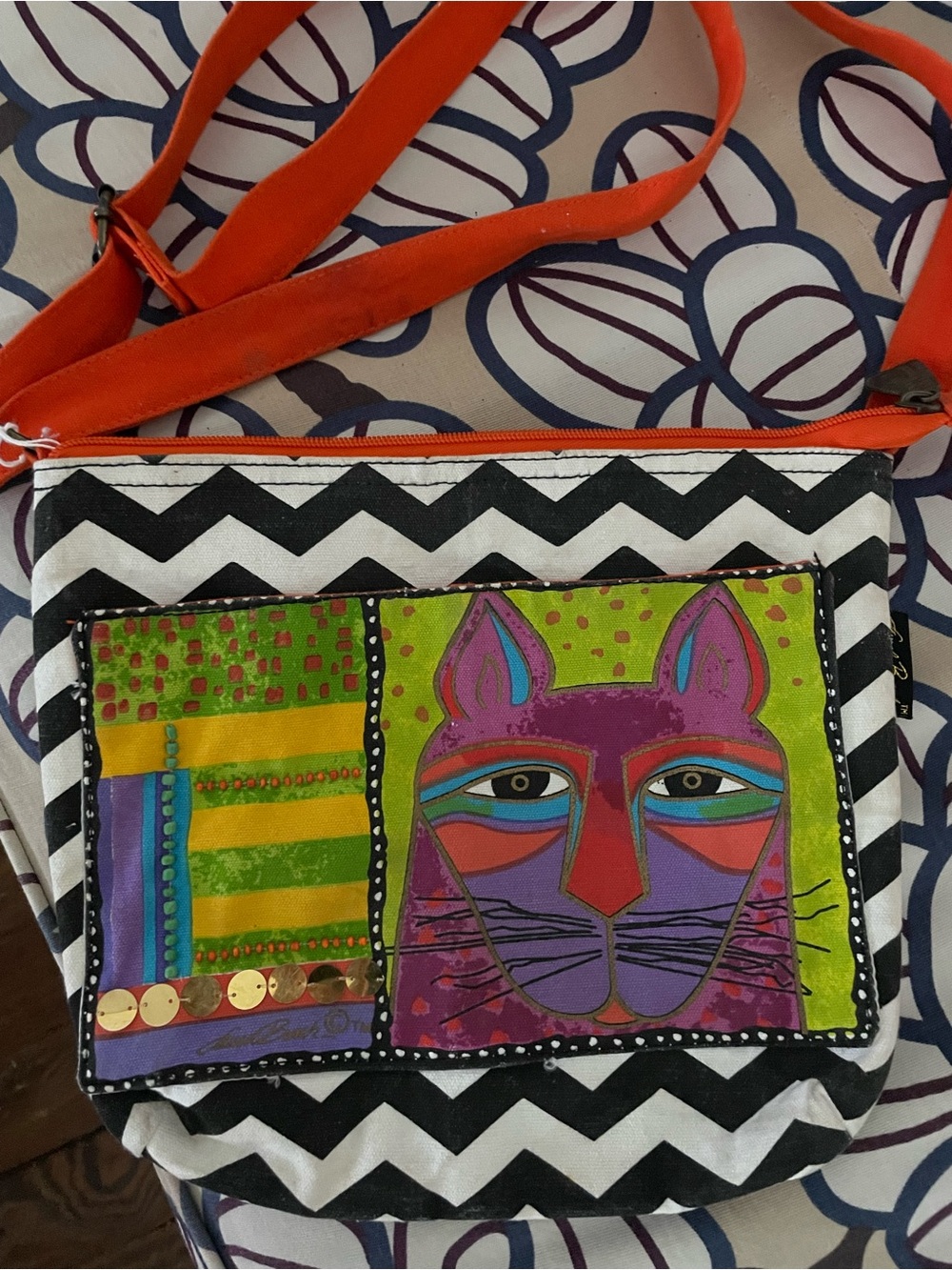 Laurel Burch Orange Strap Crossbody with Multicolor Cat Panel